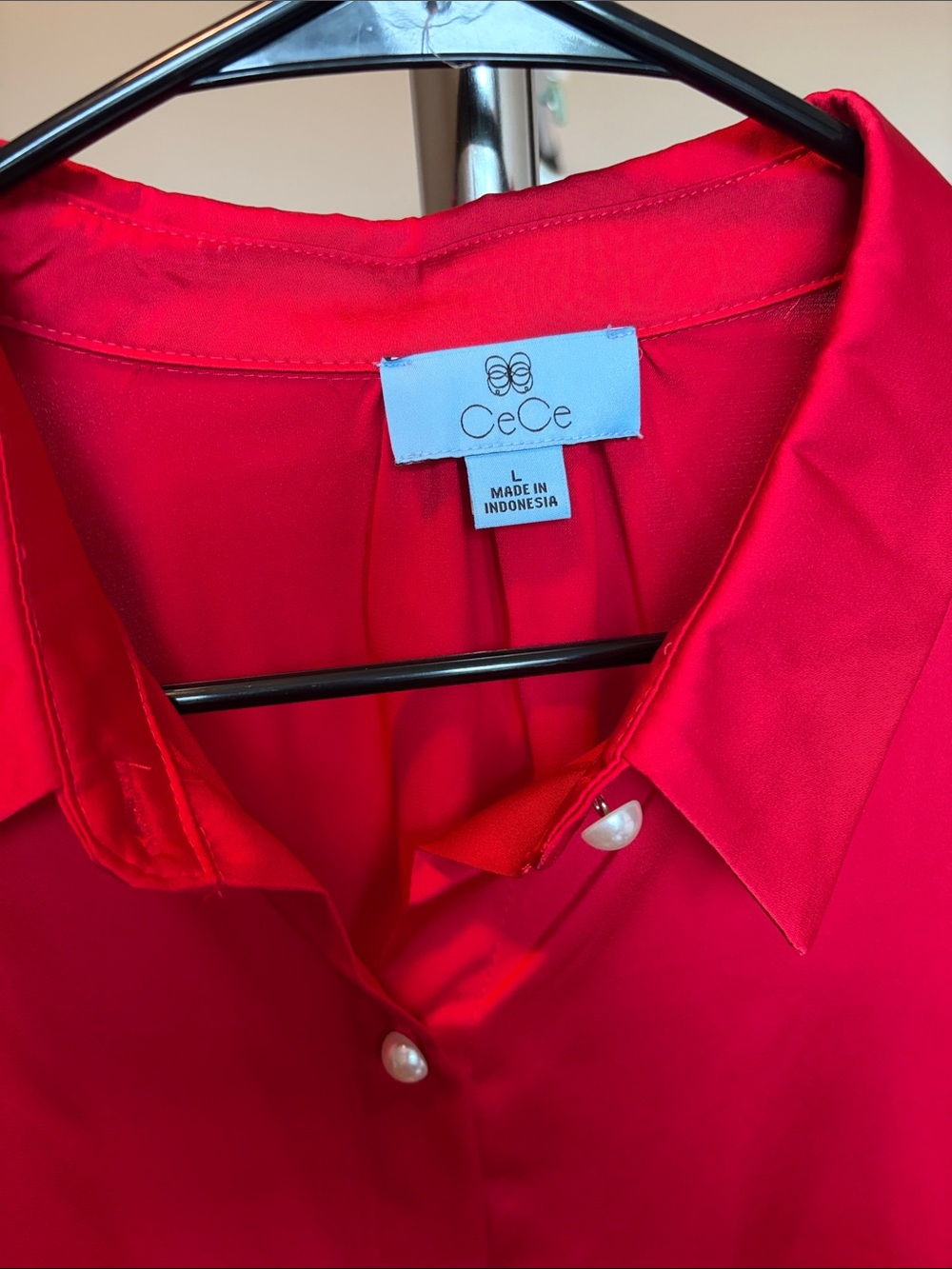 CeCe Hot Pink Satin Button-Down Blouse with Pearl Buttons - Picture 2 of 3